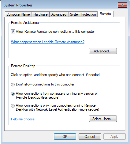 remote desktop setting windows7