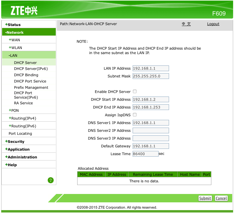 setting dhcp server zte f609