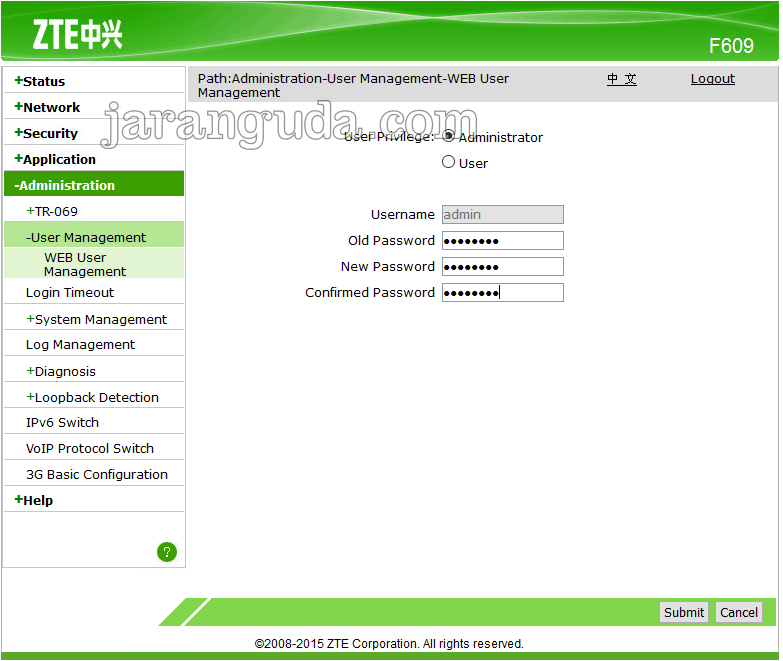 ZTE F609 ganti password admin