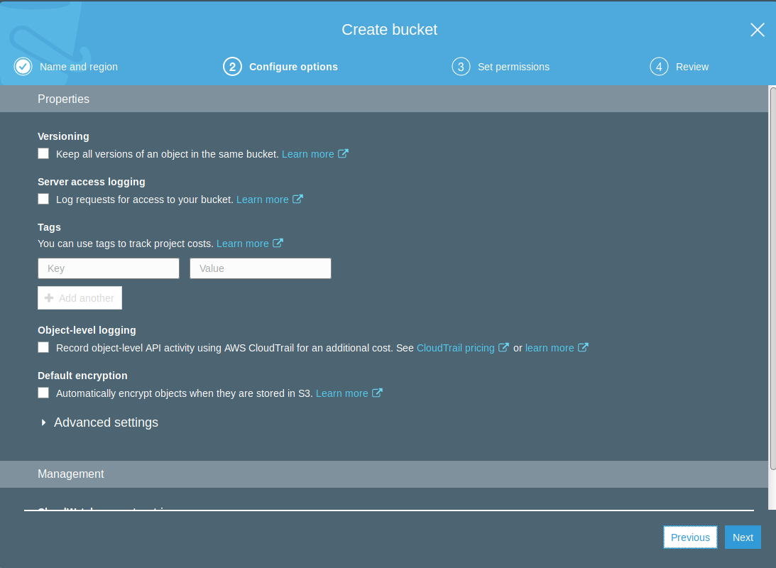 s3 bucket configure options