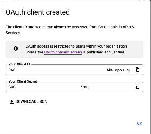 oauth credential created in google workspace